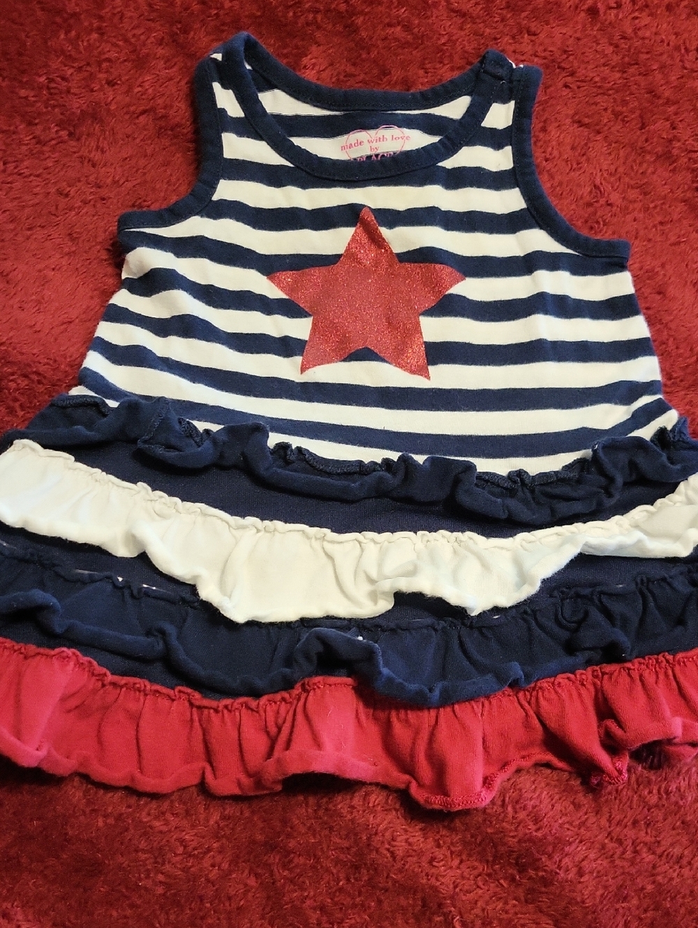 4th Of july Navy & White Striped Dress with Red Glitter Star and Ruffles